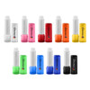 A collection of lip balm sticks in various colours including pink, red, green, blue, yellow, and black, featuring logos.
