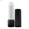 A lip balm stick with a white body and a black cap, featuring a simple design and a logo.
