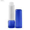 A lip balm stick in a blue casing, featuring a white balm tube and a removable cap.