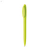 A bright green plastic pen with a rounded top and a logo on the side.
