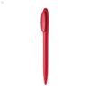 A red plastic pen with a smooth finish and a cap, featuring a branding logo.