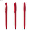 A set of three red plastic pens displayed from different angles, featuring a clip and rounded tips.