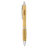 A bamboo pen in a natural wood finish with silver accents and a branding logo.