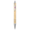 A natural wood pen featuring a silver metal tip and clip, with a decorative pattern along the barrel.