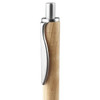 A pen with a natural wood body and a silver metal clip, featuring a sleek design and polished finish.