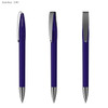 A dark blue plastic pen with a shiny silver clip, displayed from three angles. It has a sleek, streamlined design.