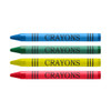 A set of four crayons in blue, green, yellow, and red, each labelled with the word "CRAYONS".