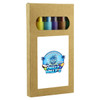 A crayon set featuring six twistable crayons in vibrant colours, packaged in a brown cardboard box with a logo.