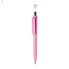 A pink plastic pen with a distinctive design and a clip, featuring a small logo at the top.