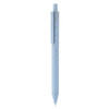 A light blue eco-friendly plastic pen with a clip and a logo. Designed for writing and promotional use.