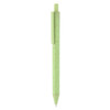 A green eco-friendly plastic pen with a clip and topped with a push-button mechanism. It features a branding logo.