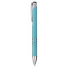 A blue eco-friendly pen with a sleek design. The pen features a silver clip and accents. It has a logo on the barrel.