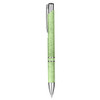 A green eco-friendly plastic pen with a silver clip and detailing. It features a logo on the barrel.