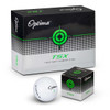 A white golf ball with dimples beside a black and green box featuring a logo and target design.