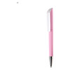 A pink plastic pen with a white clip and a shiny silver tip, featuring a logo on the side.