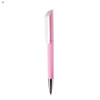 A plastic pen in light pink with a white cap and silver clip, featuring a logo.