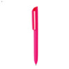 A bright pink plastic pen with a streamlined design and a logo on its body.