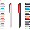 A collection of colourful plastic pens displayed in various shades, featuring a prominent white and black pen with red accents.
