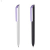 A set of Flow F2 P-GOM plastic pens in white and black with a purple accent and a logo on each pen.