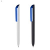 A plastic pen set featuring a white pen and a black pen, each with a blue clip and branding.