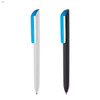 Two plastic pens are displayed: one white with a blue clip and one black with a blue clip. Each pen features a logo.