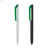 Two plastic pens are displayed: one is white with a green cap, and the other is black with a green cap. Both have a logo.