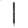 A black writing pencil with a sleek design, featuring a grip and a clip. It has a logo on one side.