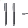 A sleek black metal pen with a carbon fibre grip and a clip, featuring a logo.