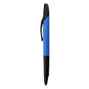 A blue stylus pen with a black tip and grip, featuring a branding logo.