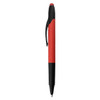 A red and black stylus pen highlighter with a sleek design and a pocket clip. Features branding.