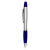 A highlighter pen with a silver barrel and a blue grip, featuring a pen clip and a brand logo.
