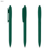 A green plastic pen with a clip, displayed from multiple angles. The pen features a click mechanism at the top.