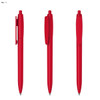 A set of three red plastic pens featuring a clip and a sleek design, with one showing the top, side, and front views.