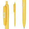 A yellow plastic pen with a clip and a branding logo, featuring a smooth design and sleek finish.