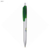 A plastic pen featuring a silver barrel and a green grip, with a retractable ballpoint mechanism.