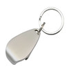 A drink bottle opener key ring in silver metal with a sleek design and circular key ring attachment.