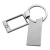 A metallic key ring with a rectangular frame and a flat tag, featuring a smooth silver finish.