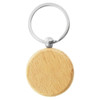 A wooden round key ring with a silver metal keychain connector. The wood has a natural finish.