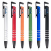 A collection of six stylus pens in silver, red, orange, green, blue, and black, each featuring a clip and branding.