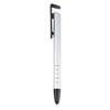 A stylus pen with a sleek silver barrel and black accents, including a clip and a rubber tip.
