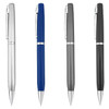 A set of four metal pens in silver, blue, dark grey, and black, featuring a clip and a shiny finish.