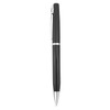 A metal pen in black with chrome accents, featuring a sleek and modern design. It has a branding logo.