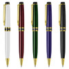 A set of metal pens in white, burgundy, green, navy, and black, featuring gold accents and clips.
