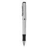 A silver metal pen with a black grip and clip, featuring a branding logo.