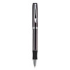 A metal pen with a sleek black and silver design, featuring a smooth finish and a branding logo.