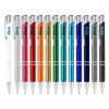 A collection of metal pens in various colours, including white, pink, red, orange, green, blue, and black, featuring a logo.