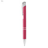 A pink metal pen with silver accents and a clip, featuring a sleek design and a logo.