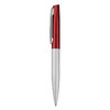 A metal pen with a red upper section and a silver lower section, featuring a clip and a sleek design.