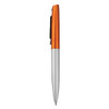 A metal pen with an orange upper section and a silver lower section. The pen features a clip and branding.