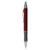 A metal pen in a red finish with a chrome clip and a black rubber grip, featuring a sleek design.